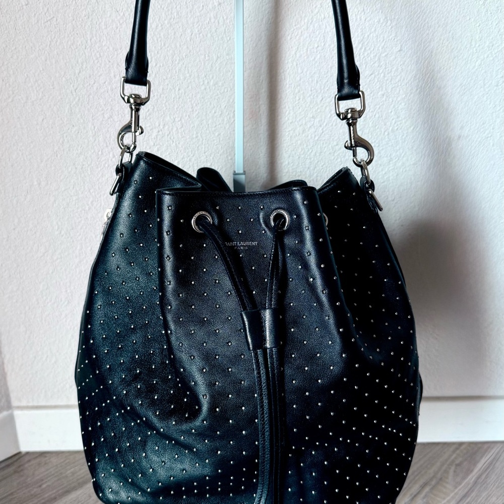 SAINT LAURENT YSL Studded Emmanuelle Black Leather Bucket Bag Handbag Tote auth